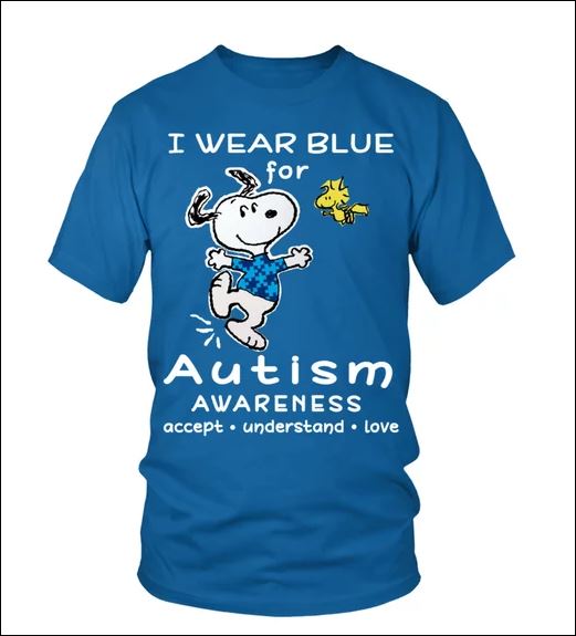 Snoopy i wear blue for autism awareness accept understand love shirt