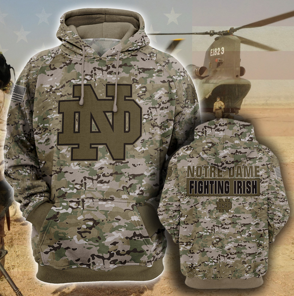 Army camo Notre Dame Fighting all over printed 3D hoodie