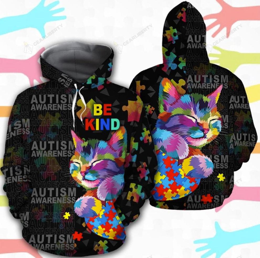 Autism awareness cat be kind all over printed 3D hoodie