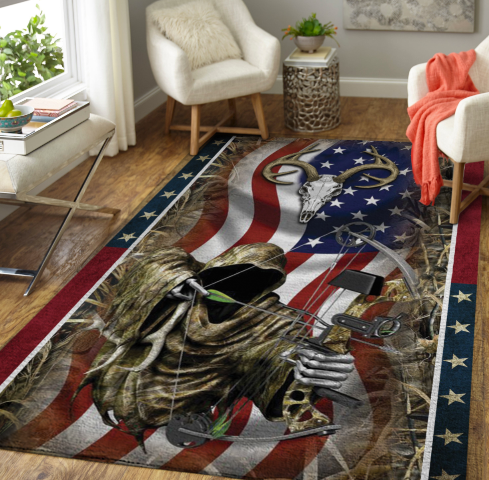 Deer bow hunting American flag rug 1
