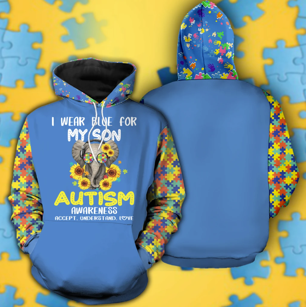 Elephant i wear blue for my son autism awareness all over printed 3D hoodie
