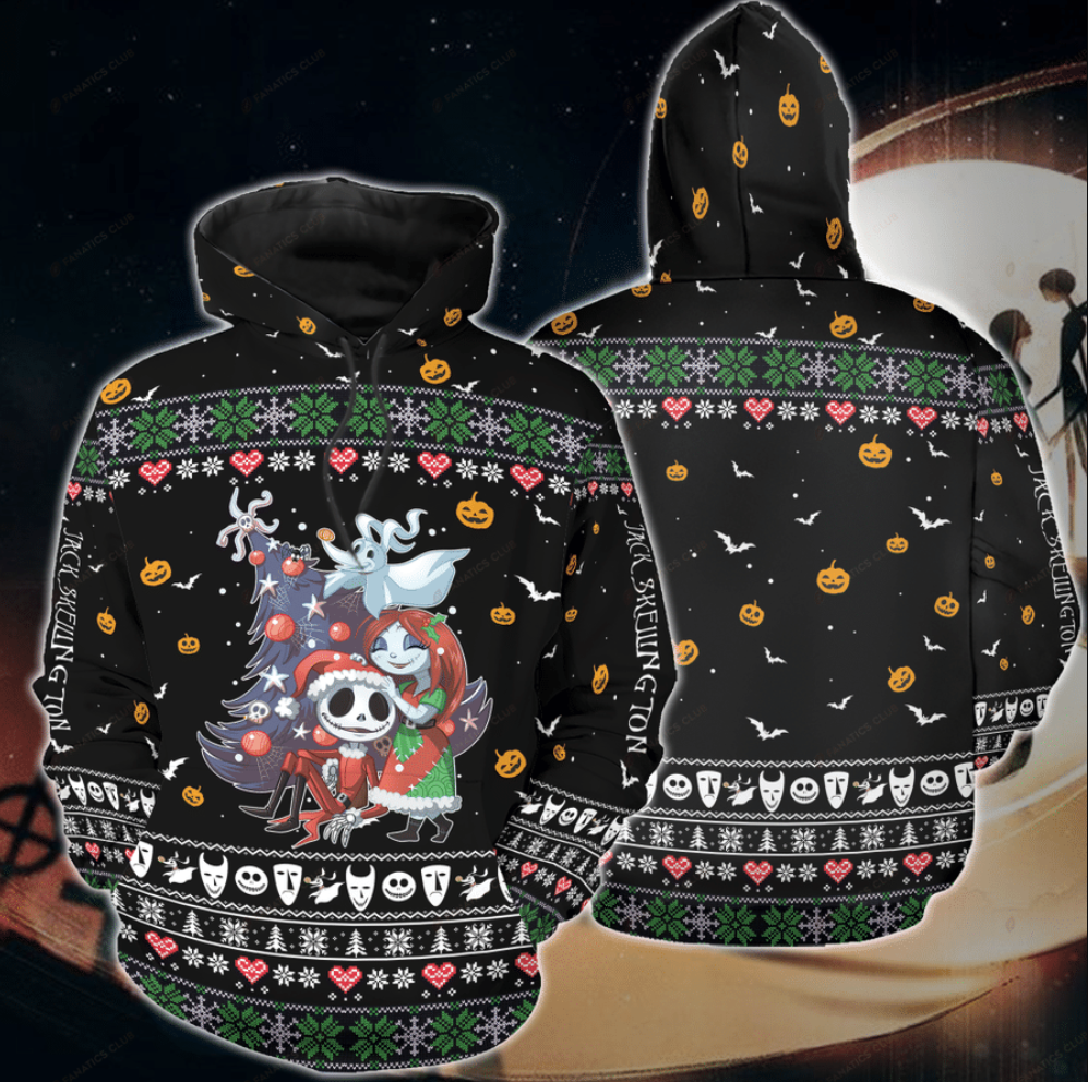 Jack Skellington and Sally ugly Christmas all over printed 3D hoodie