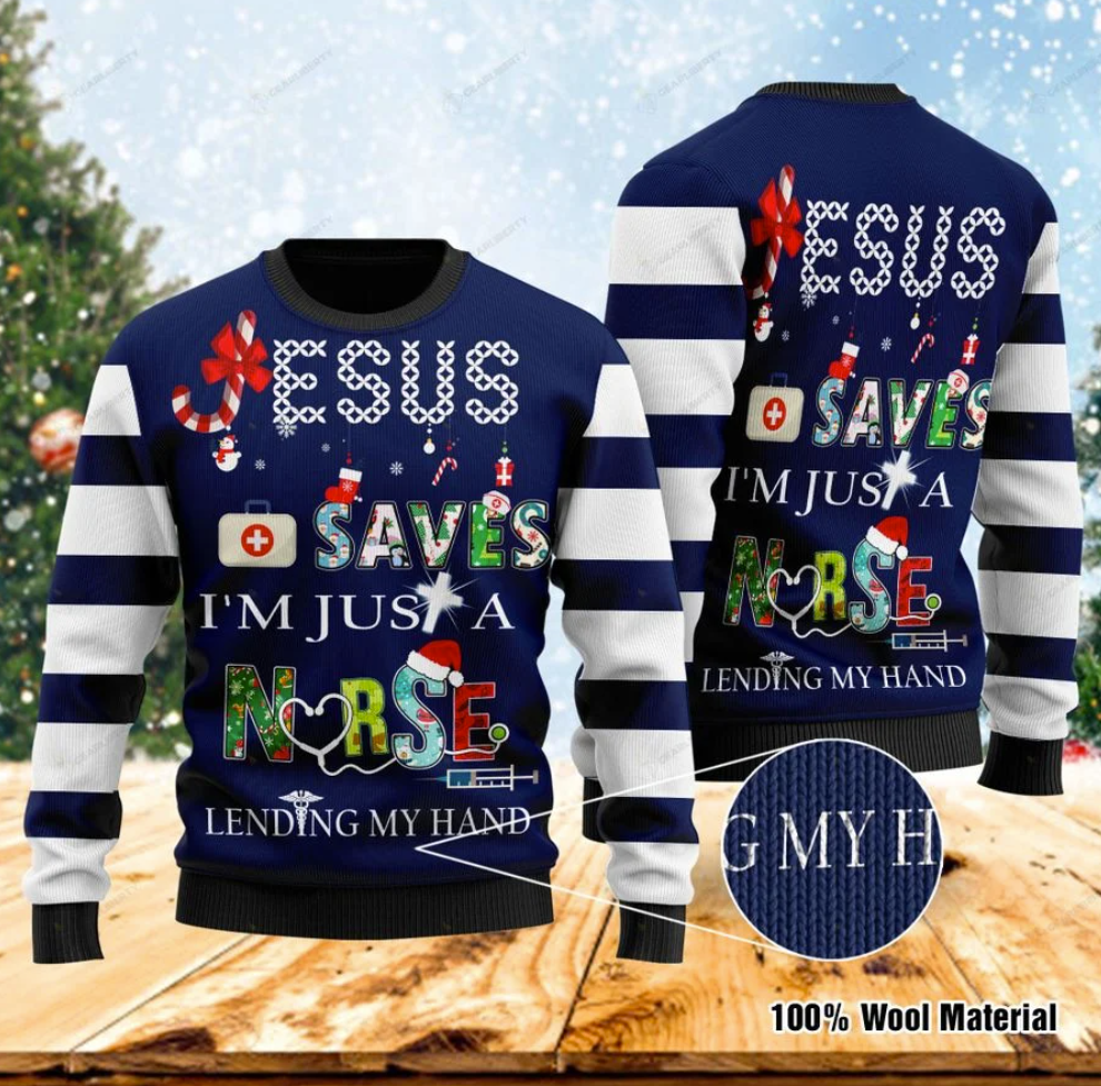 Jesus saves i'm just a nurse lending my hand ugly sweater