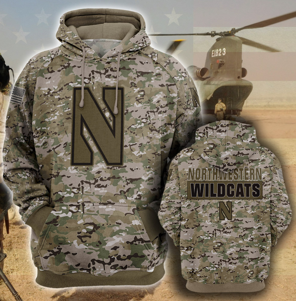 Army camo Northwestern Wildcats all over printed 3D hoodie
