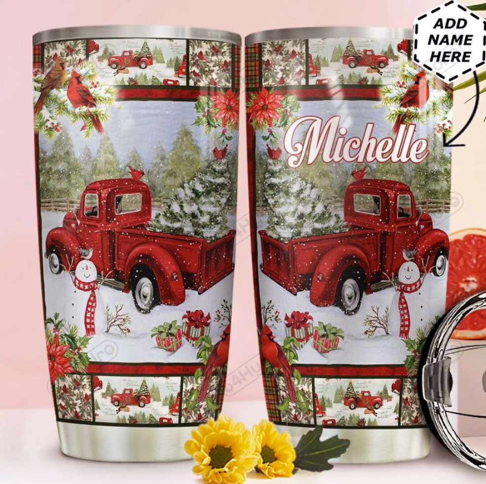 Personalized Red truck Merry Christmas tumbler