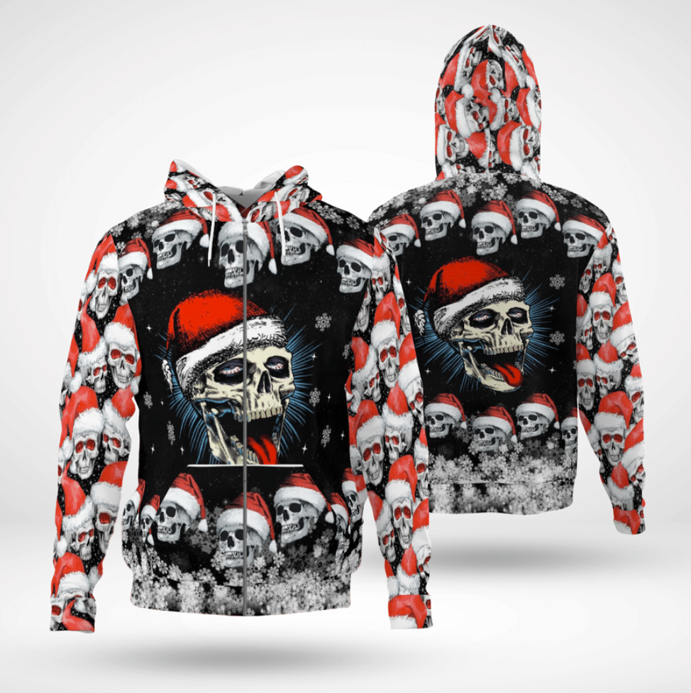 Skull Merry Christmas all over printed 3D zip hoodie