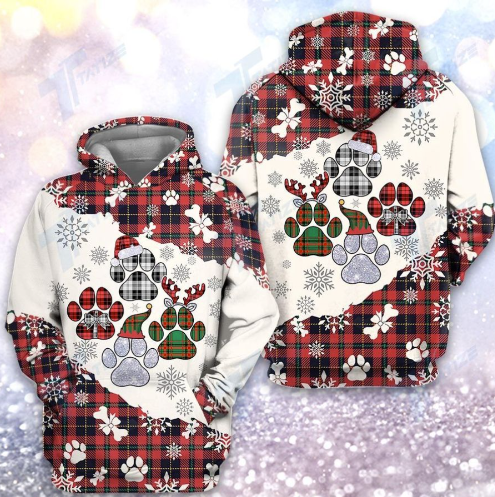 Christmas tartan dog paw all over printed 3d hoodie