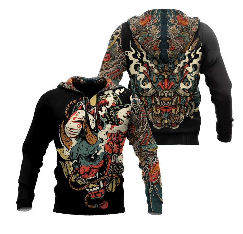 Oni Mask Tattoo all over printed 3D hoodie