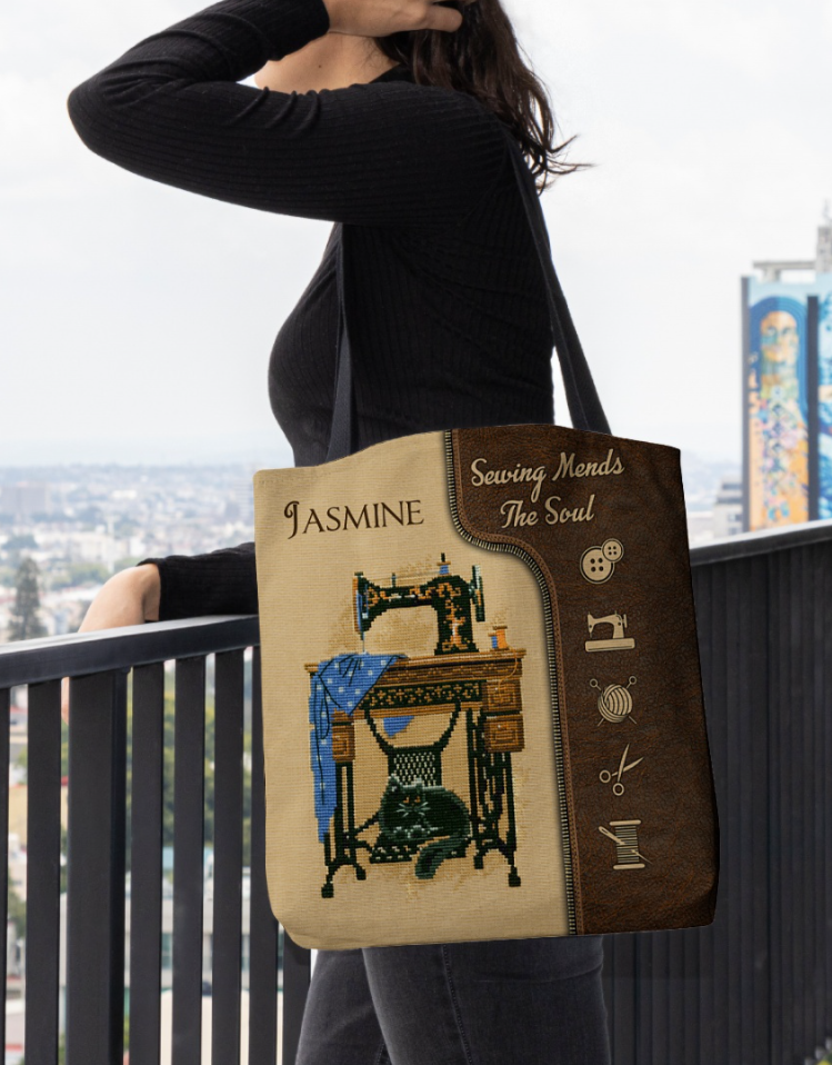 Personalized sewing mends the soul tote bag
