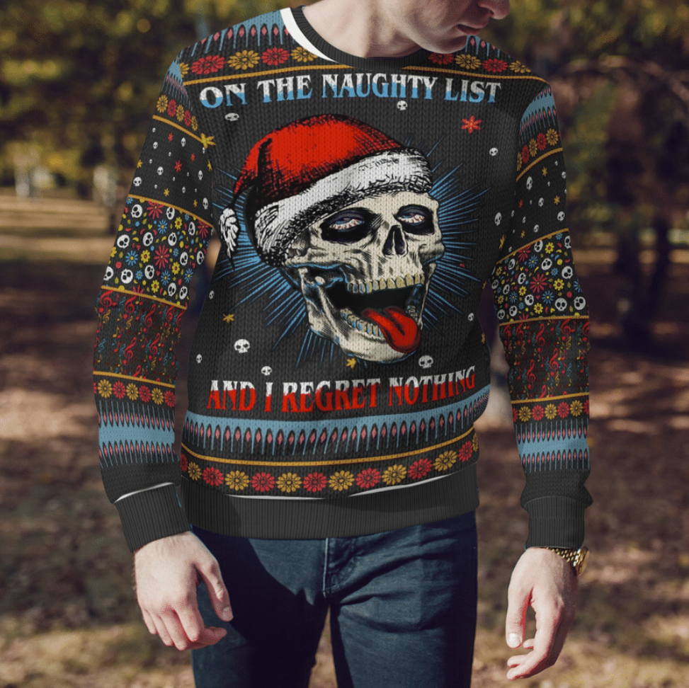 Skull on the naught list and i regret nothing ugly sweater