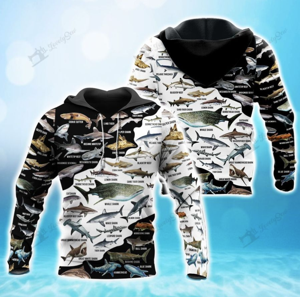 Types of Sharks all over printed 3d hoodie