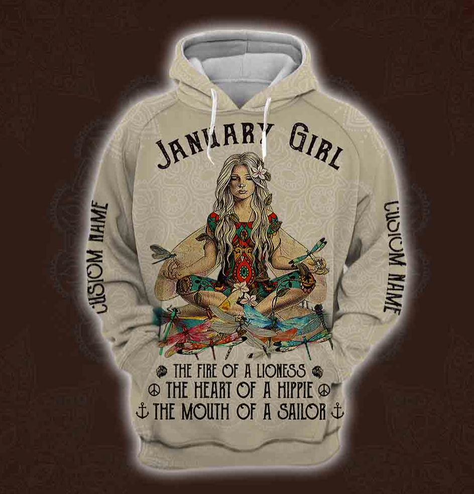 Yoga January Girl he fire of a lioness the heart of a hippie the mouth of a sailor all over printed 3D hoodie