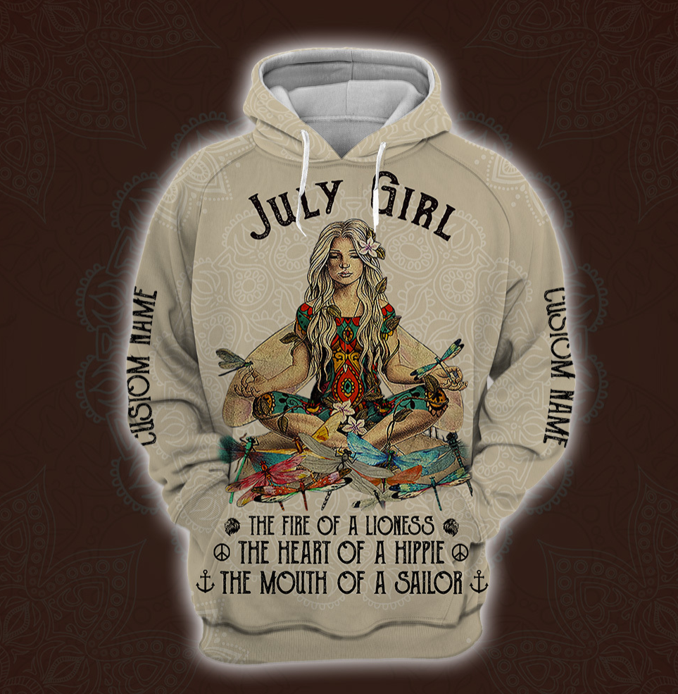 Yoga July Girl he fire of a lioness the heart of a hippie the mouth of a sailor all over printed 3D hoodie
