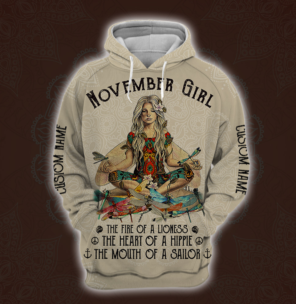 Yoga November Girl he fire of a lioness the heart of a hippie the mouth of a sailor all over printed 3D hoodie