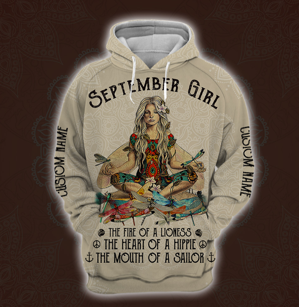 Yoga September Girl he fire of a lioness the heart of a hippie the mouth of a sailor all over printed 3D hoodie