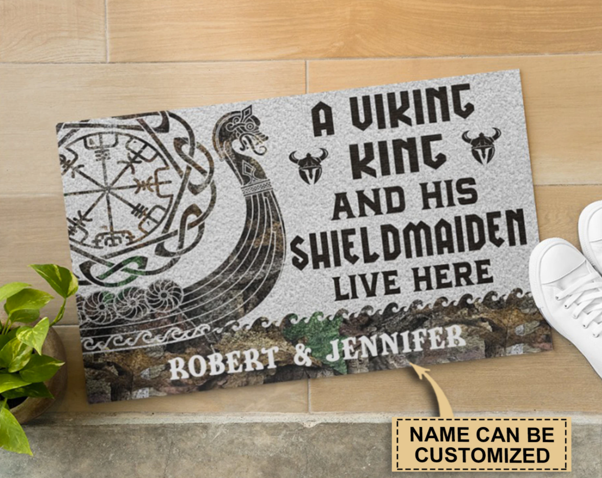 Personalized a viking and his shieldmaiden live here doormat
