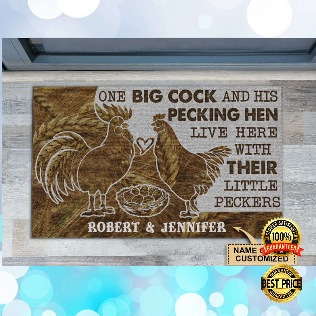 Personalized one big cock and his pecking hen live here with their little peckers doormat 5