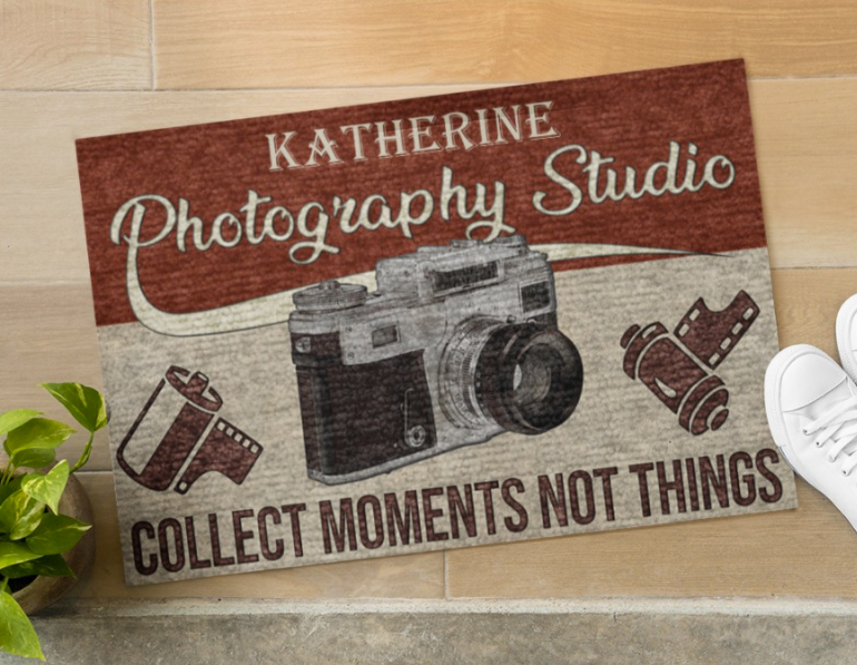 Personalized photography studio collect moments not things doormat 1
