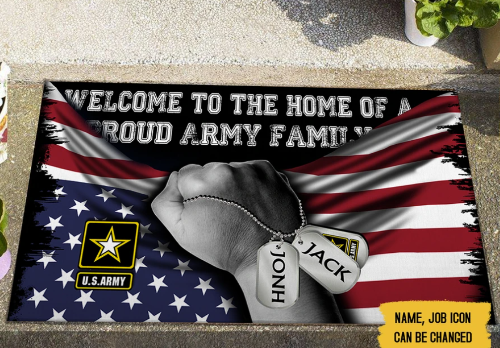 Personalized welcome to home of a proud army family doormat