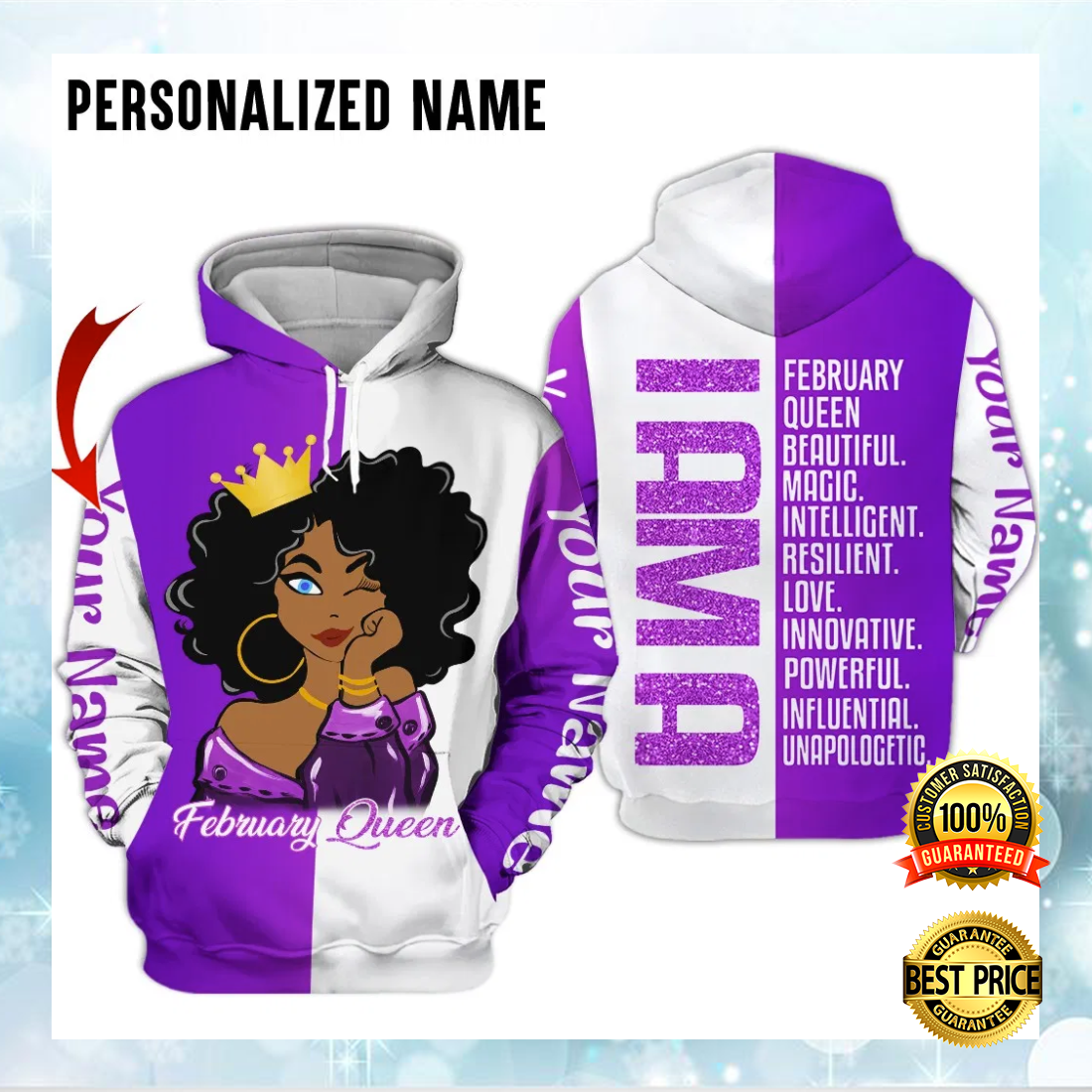 Personalized i am a february queen beautiful magic intelligent all over printed 3D hoodie