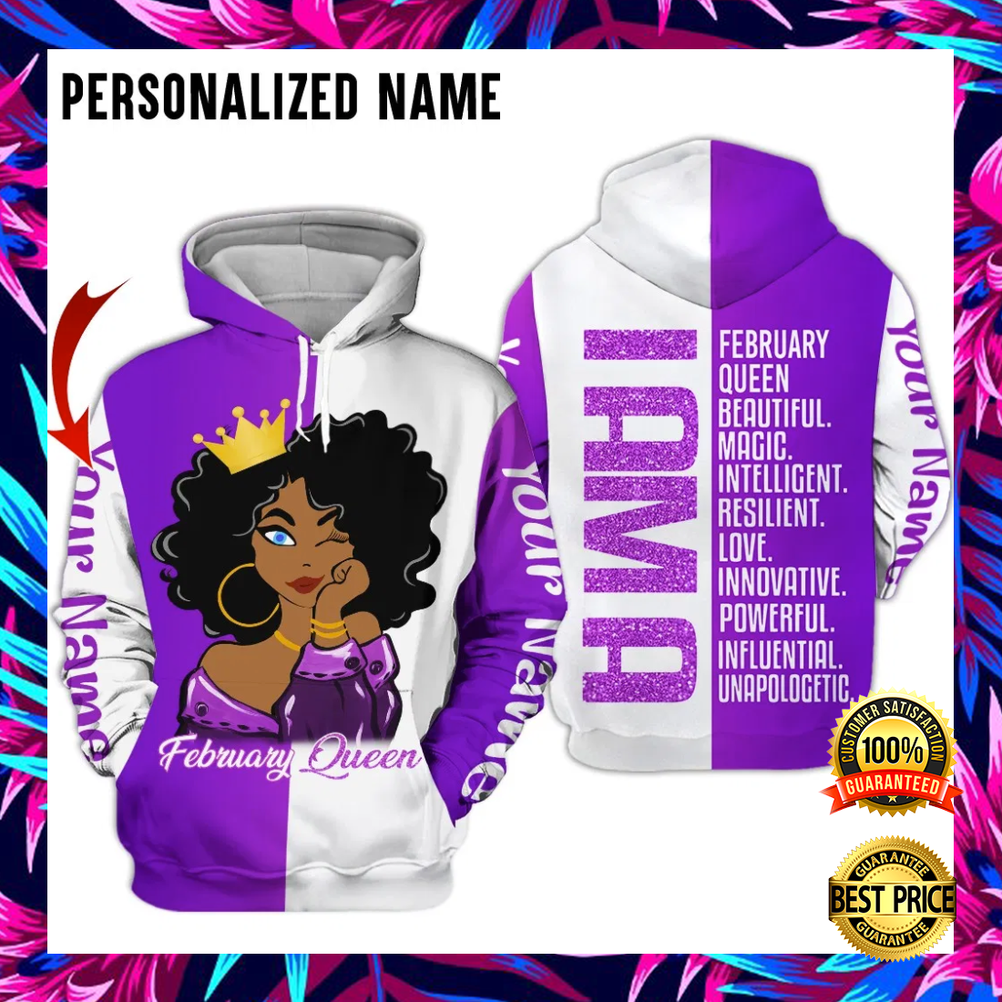 Personalized i am a february queen beautiful magic intelligent all over printed 3D hoodie