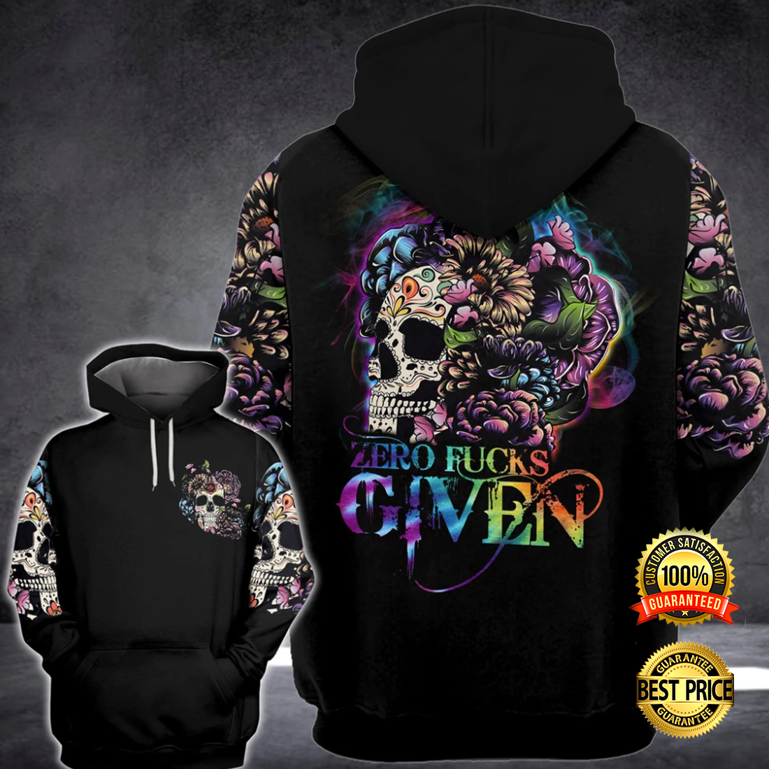 Floral skull zero fucks given all over printed 3D hoodie 4