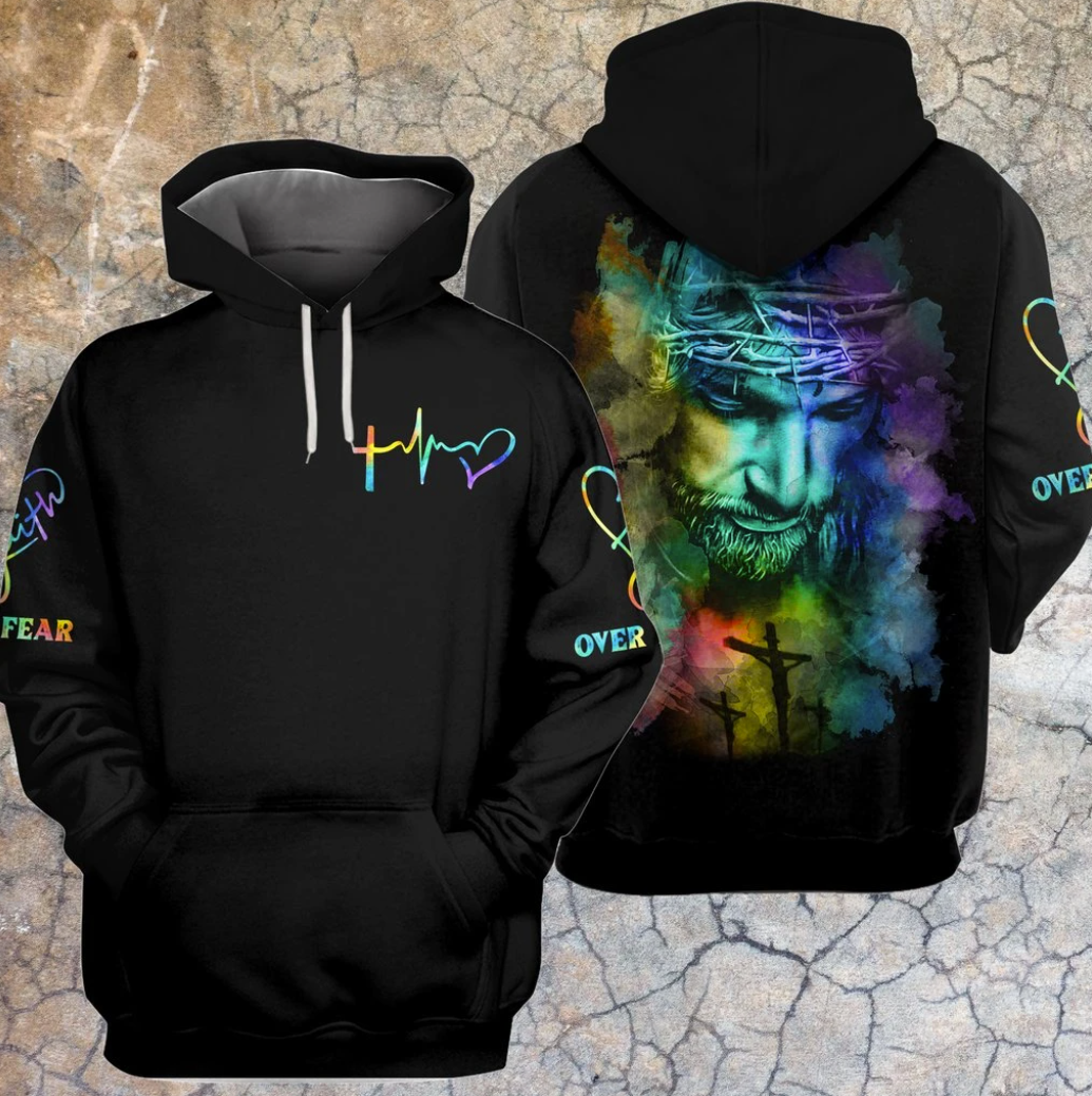 Jesus faith over fear colorful all over printed 3D hoodie