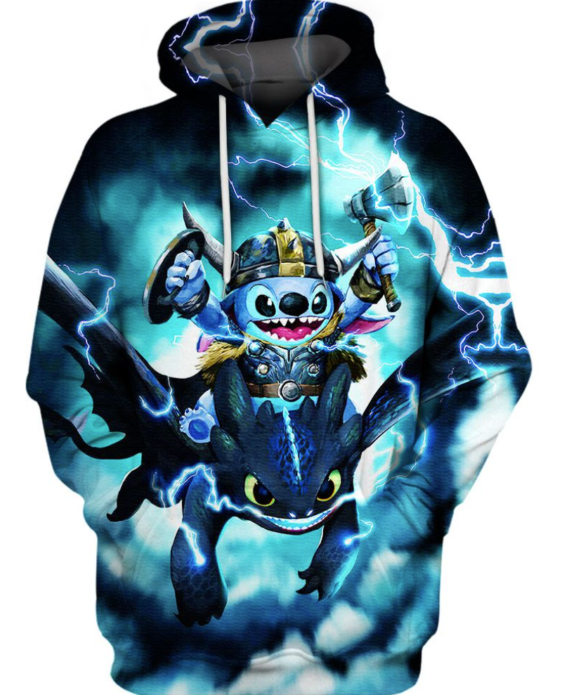 Stitch and Toothless viking thunder all over printed 3D hoodie