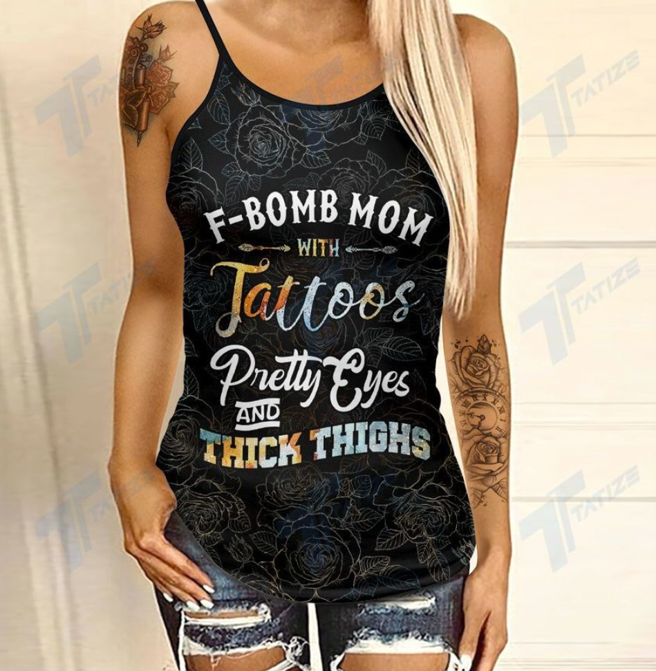 F-bomb mom with tattoos pretty eyes and thick thighs criss-cross tank top