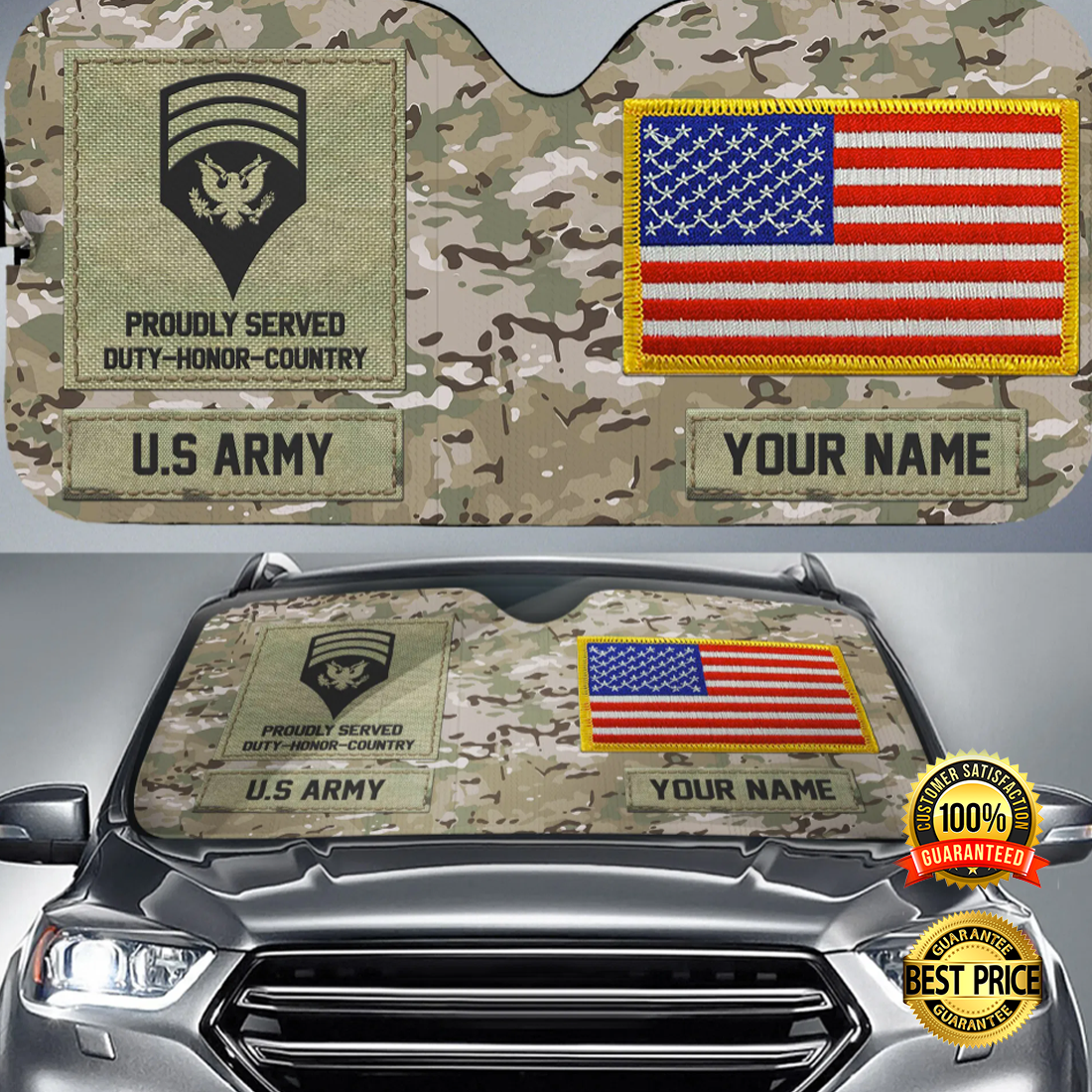 Personalized US Army Military camo car sun shade