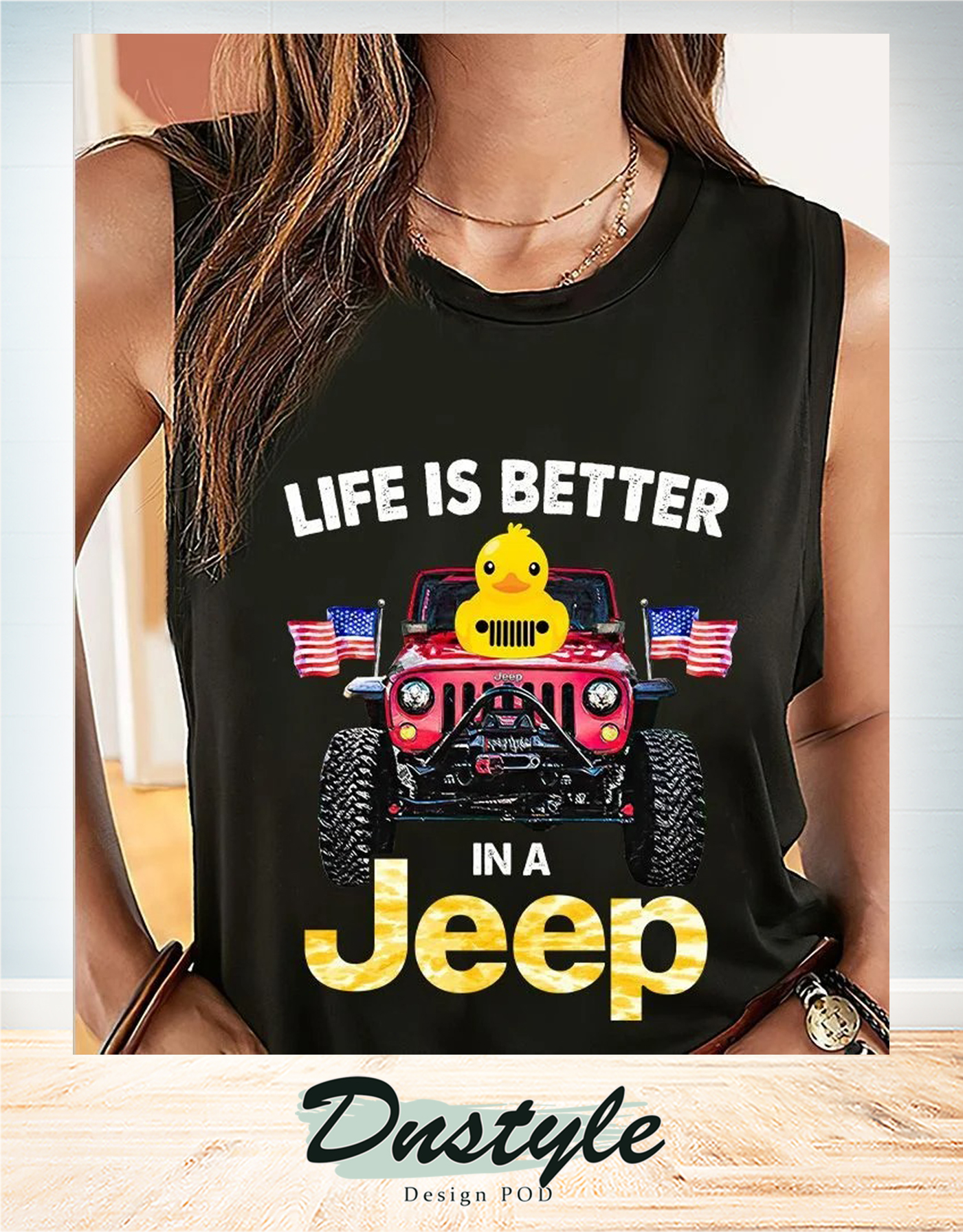 Duck duck life is better in a jeep american flag tank