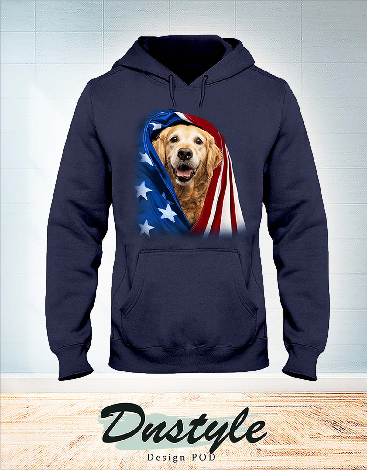 Golden Retriever wrapped in america flag 4th july hoodie