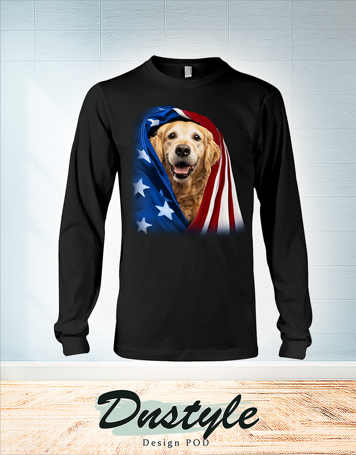 Golden Retriever wrapped in america flag 4th july long sleeve