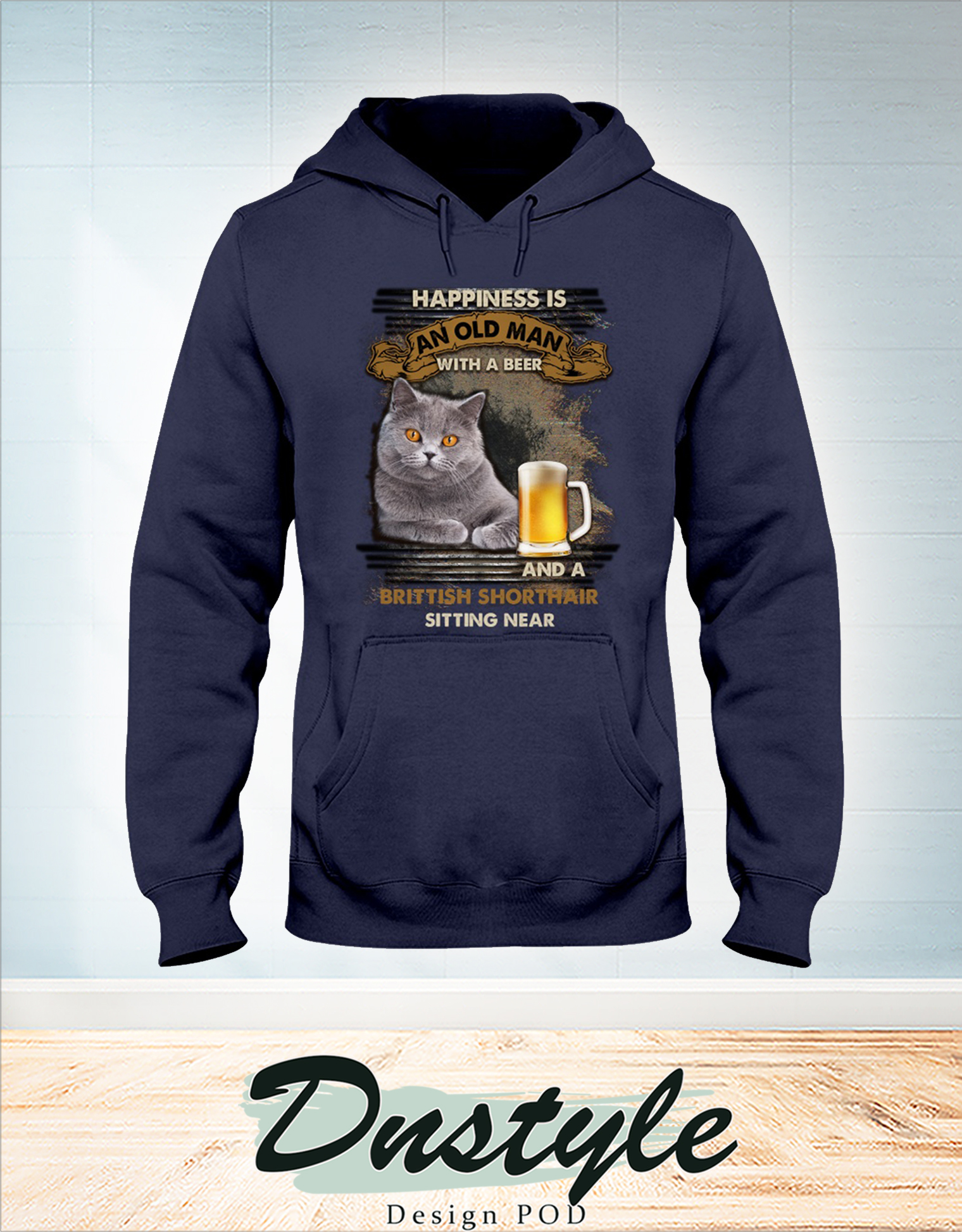 Happiness is an old man with a beer and a Brittish Shorthair sitting near hoodie