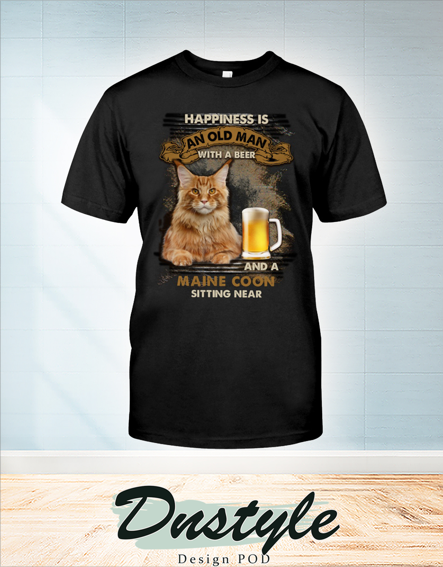 Happiness is an old man with a beer and a Maine Coon sitting near t-shirt