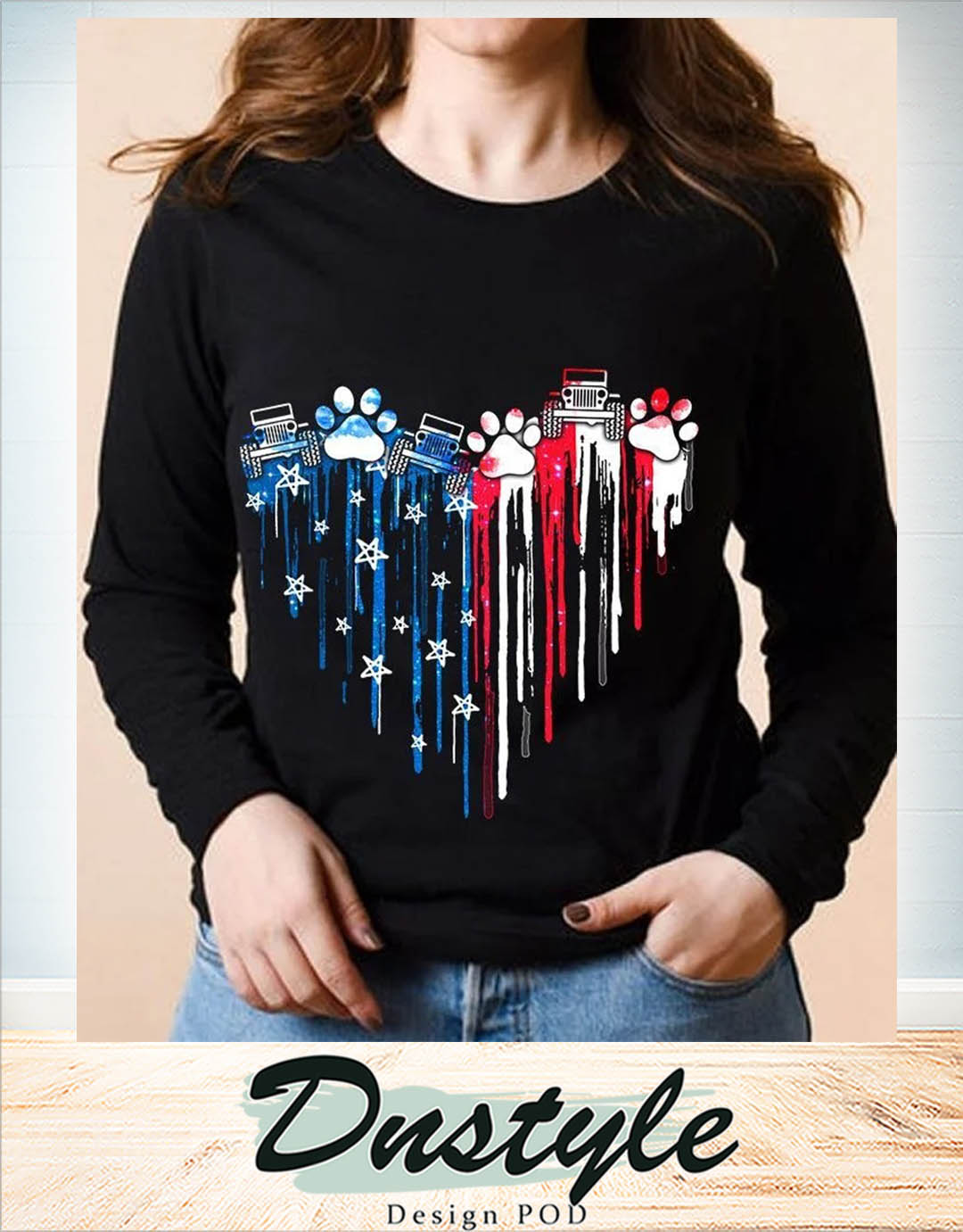 Jeep dog paws heart colors american flag independence day long sleeve