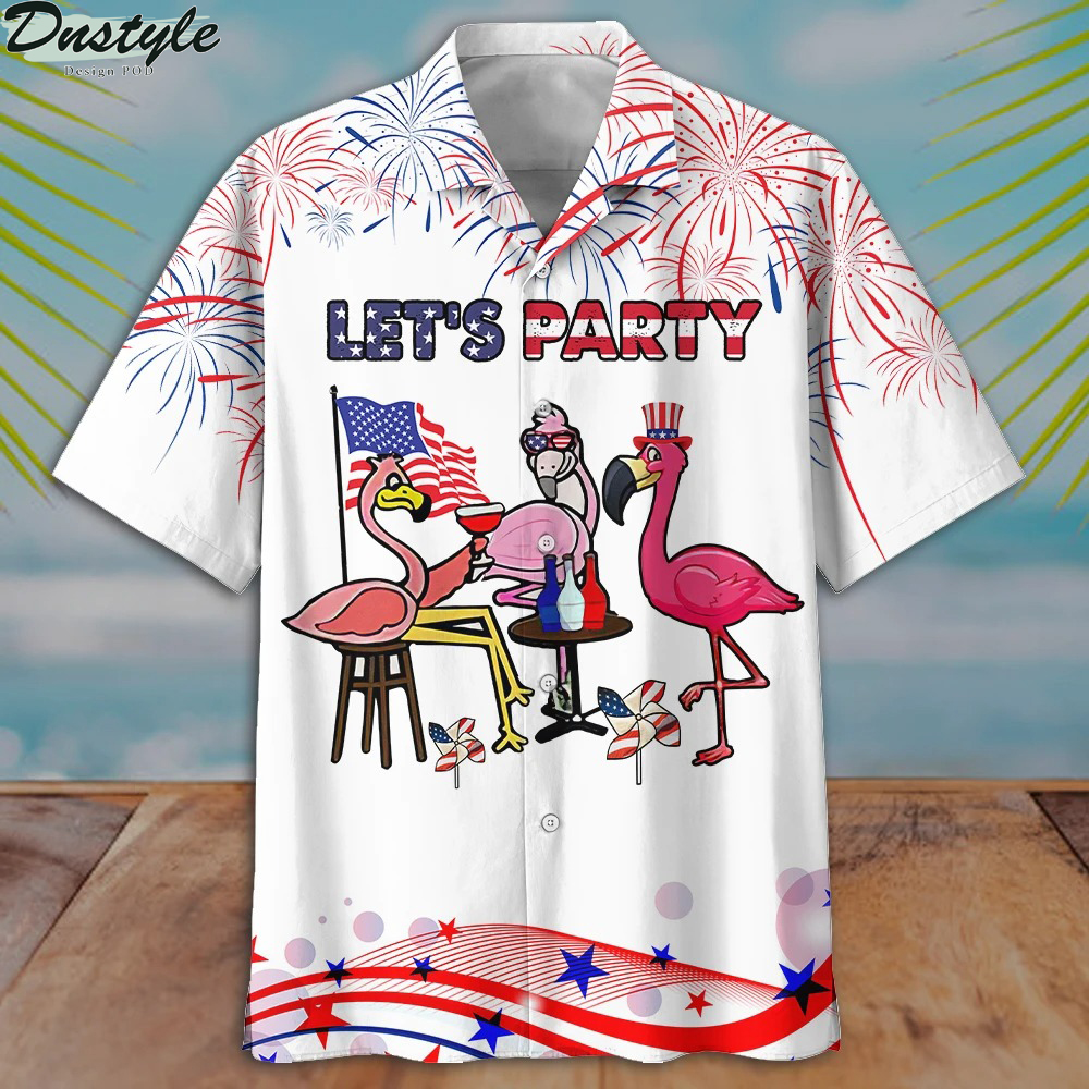 Flamingo let's party american flag firework hawaiian shirt