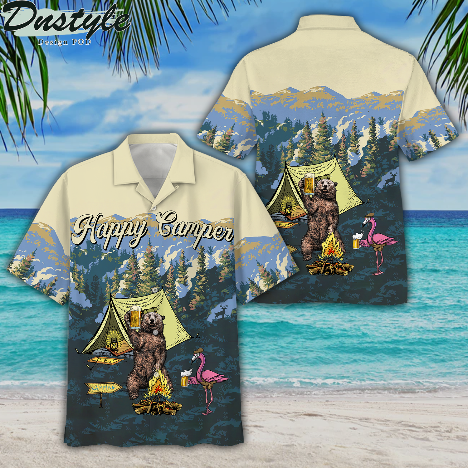 Happy camper bear and flamingo hawaiian shirt