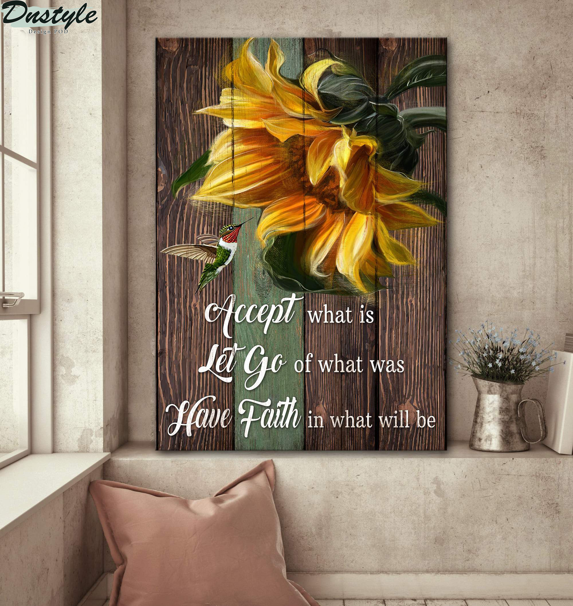 Sunflower with hummingbird have faith in what will be jesus canvas
