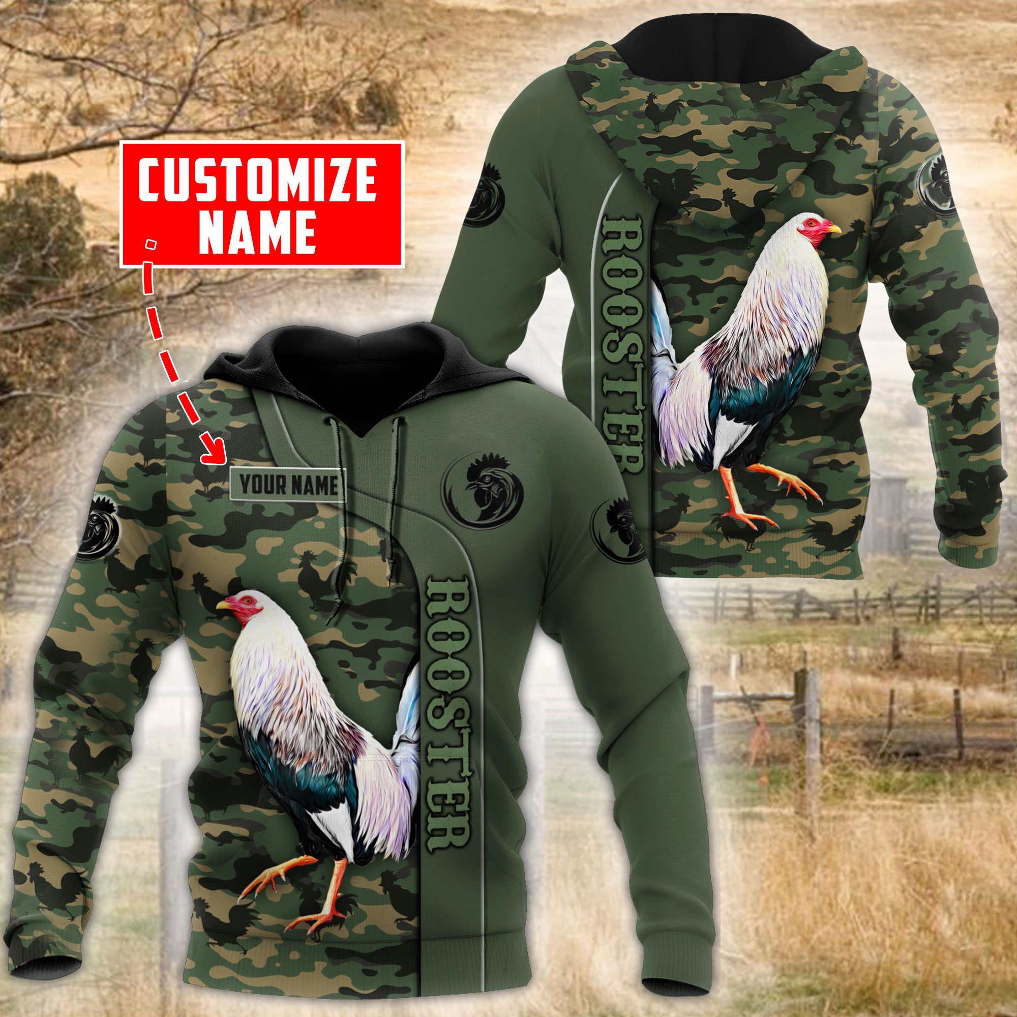 Personalized custom name rooster 3d all over printed hoodie